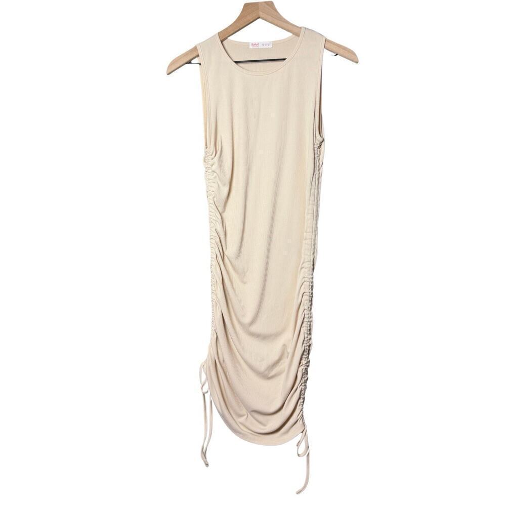 Romwe Beige Dress Sleeveless Adjustable String Ruched Sides Size M